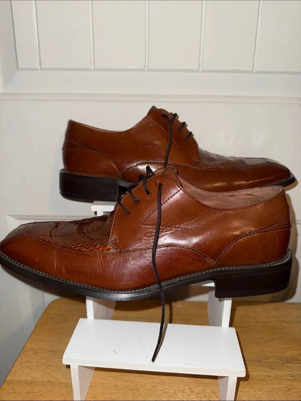 Stacy Adams Cognac Brown Leather Lace-Up Oxfords with Croc GENUINE  SNAKE